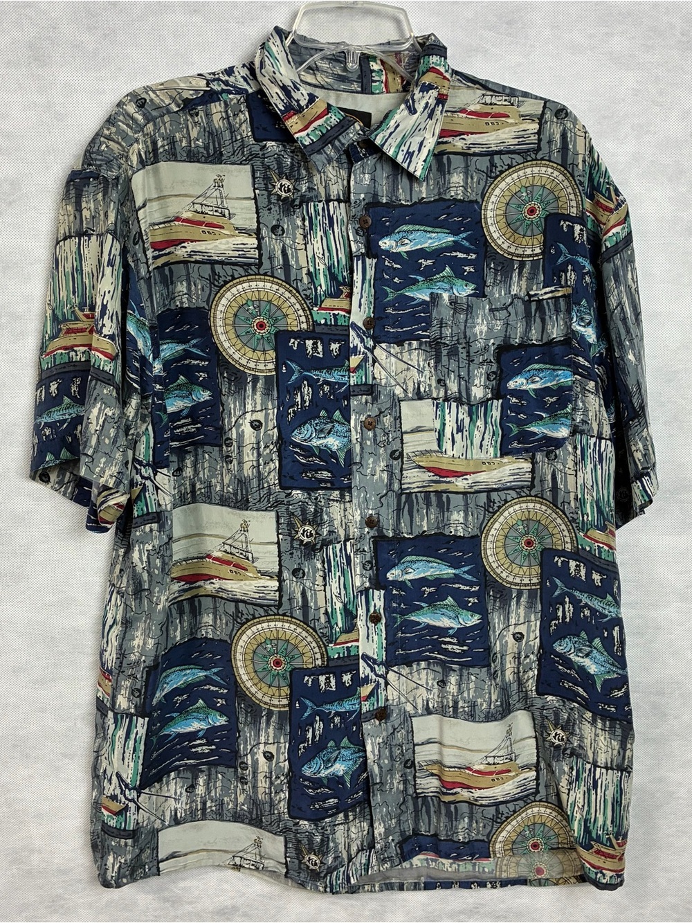 Hawaiian Silk Company Shirt Mens Large Fish Sailing Vtg Retro SS 100% Silk Flaw